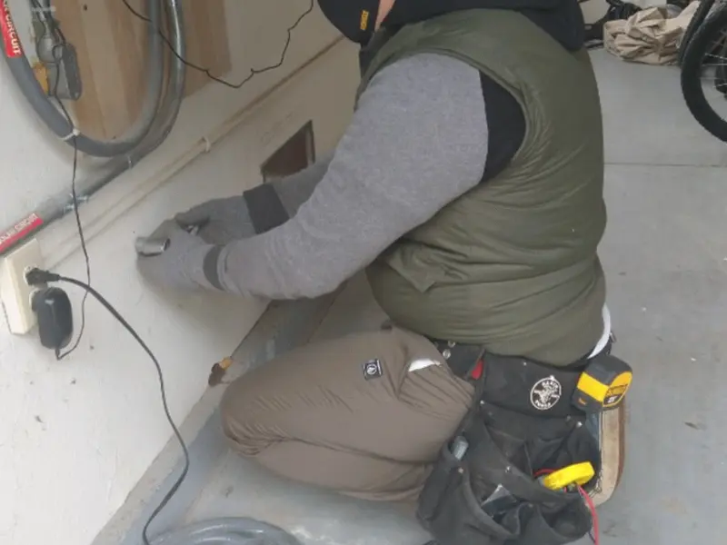 Electrician performing outlet wiring in a Warrensburg garage